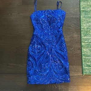 Sequin Open Back Bodycon Dress from Dillards color blue